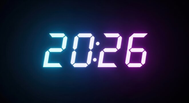 Digital Clock Displaying Twenty Twenty Six Time with Neon Glow Effect on Dark Background - Powered by Adobe