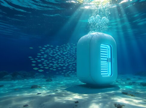 Futuristic underwater data center on the ocean floor with fish swimming by