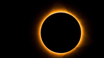 Solar eclipse dark orb framed by golden corona, bright rays in deep black space - Powered by Adobe