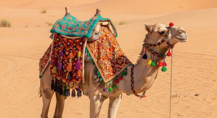 A Majestic Camel Adorned in Vibrant Textiles on a Desert Dune