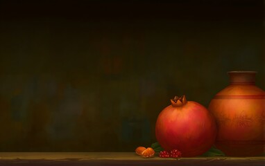 Pomegranate and jar on rustic surface