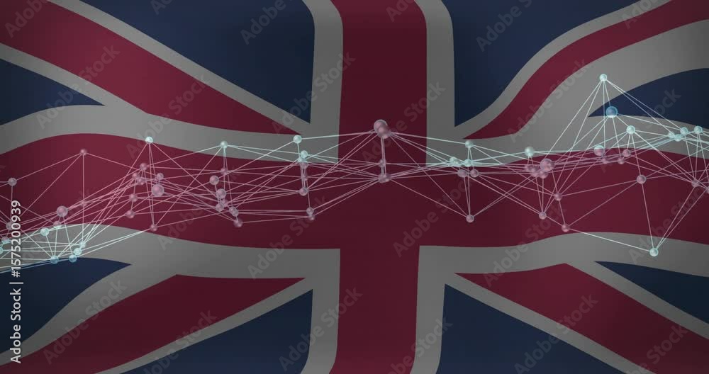 Poster opening union jack flag starting network forming, nodes pulsing reconfiguring dynamic connectivity