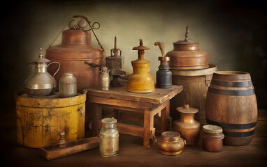 Vintage copper and wooden objects display