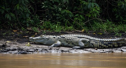 Obraz premium Resting Alligator on Mud Bank with Green Foliage and Brown Water