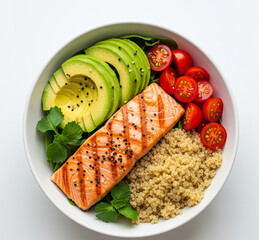A beautifully arranged bowl of healthy food with grilled salmon, avocado, quinoa, cherry tomatoes, vibrant colors, soft natural lighting, top-down view, ultra-realistic food photography, 