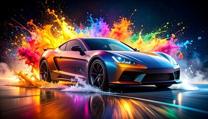 Sport car erupting in vibrant paint splashes