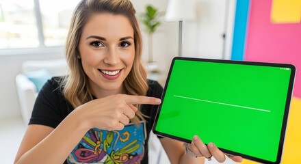 Smiling young woman presenting an app or website on a tablet with a green screen for mockup and advertising