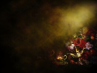 Golden teapot amidst blooming floral arrangement
