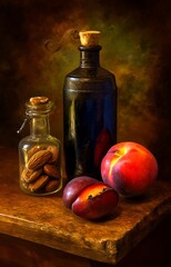 Still life with peach almonds and bottles
