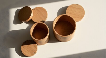 Arrangement of Round Wooden Containers and Lids on White Surface