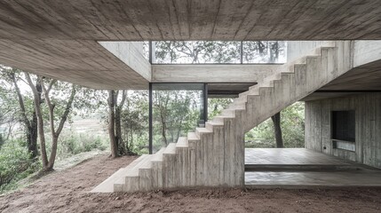 Fototapeta premium Concrete staircase house nestled in a wooded landscape, featuring large windows and open-plan design