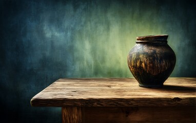 Rustic pot sits on wooden surface