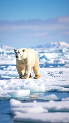 Naklejka premium A majestic polar bear strides confidently across a vast expanse of shimmering ice, its thick white fur contrasting beautifully with the icy blue landscape.