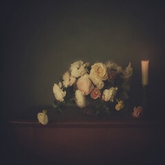 Floral still life with candlelight glow