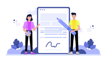 Freelancer using e-signature tool for managing contracts flat vector illustration