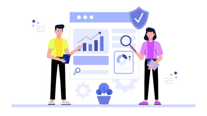 Marketing manager evaluating conversion rate on landing page flat vector illustration