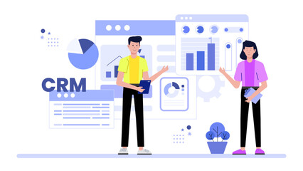 Sales team reviewing CRM activity reports flat vector illustration