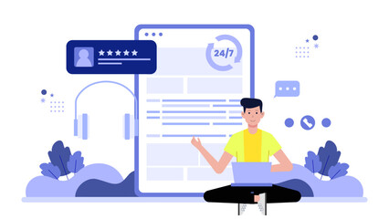 Support agent managing multilingual customer service flat vector illustration