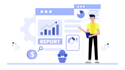 Business analyst preparing quarterly performance report flat vector illustration