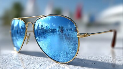 Blue Reflective Aviator Sunglasses with Gold Frame on Beach Surface