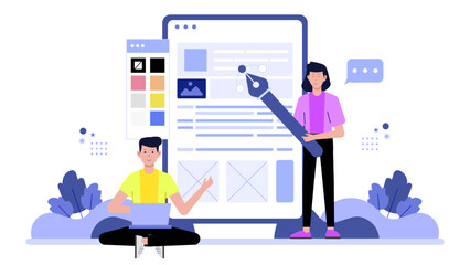 Design team aligning visuals with brand identity flat vector illustration