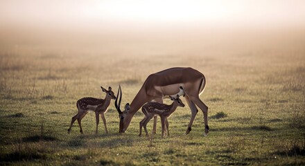 Naklejka premium Impala Family Grazing in Foggy Field at Sunrise Peaceful Wildlife Scene