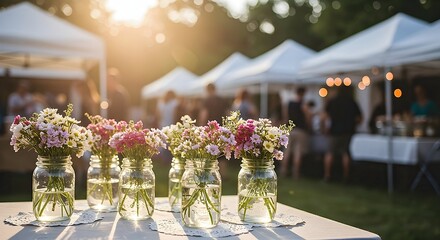 Arranging Flowers in Jars for an Outdoor Gathering