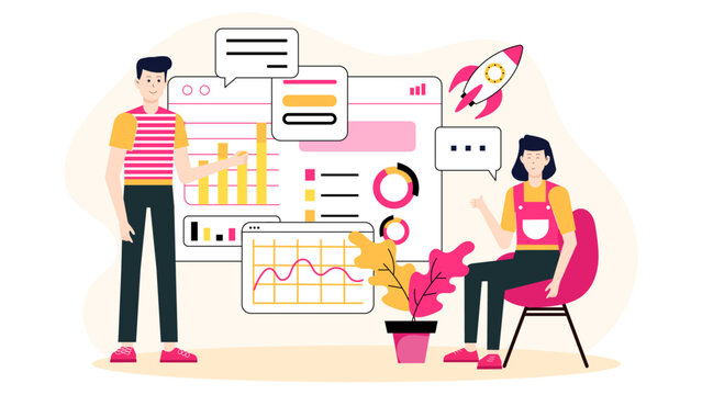 Startup pitching subscription model to business partners flat vector illustration