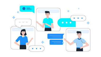Remote team sharing weekly updates via group chat flat vector illustration