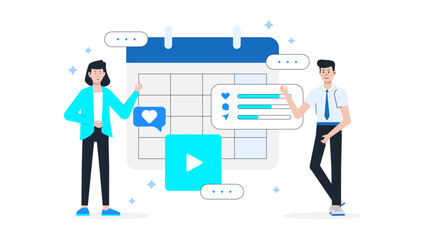 Content team building multi-format media calendar flat vector illustration