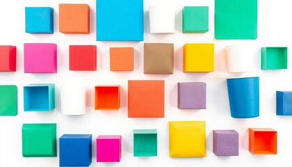 Set of blank square paper cups, various sizes and colors, on white background ,  pink cups,  beverage cups