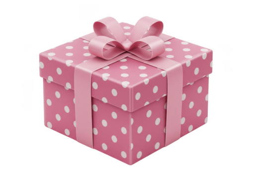 Charming pink polka dot gift box with a satin ribbon and bow isolated on transparent background - Powered by Adobe