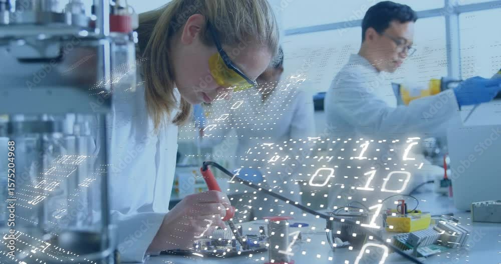 Poster woman applying solder on circuit in lab as binary data streaming while colleague adjusting meters