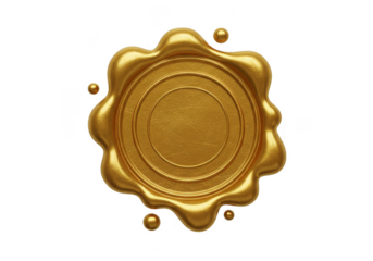 Shiny golden wax seal with embossed circles and small spheres isolated on transparent background