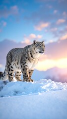 Obraz premium A majestic snow leopard stands proudly atop a snowy mountain peak, its thick, spotted fur blending beautifully with the pristine white landscape.