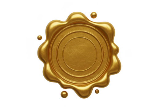 Shiny golden wax seal with embossed circles and small spheres isolated on transparent background