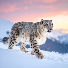 Obraz premium A majestic snow leopard gracefully traverses a rugged mountain slope, its thick, spotted fur blending with the snowy landscape under a clear blue sky.
