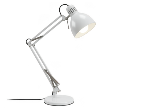 Adjustable white architect lamp with light bulb isolated on transparent background