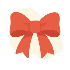 Red bow ribbon drawn in festive flat style, bow placed on soft beige shape, bow element ideal for gift or celebration design.