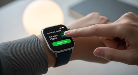 Secure contactless payment approval on a smart watch, showcasing digital finance and mobile technology at work.