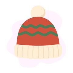Winter hat with cream rim and pom-pom, hat decorated in red and green, christmas hat designed for cozy seasonal visuals, ideal for festive illustrations.