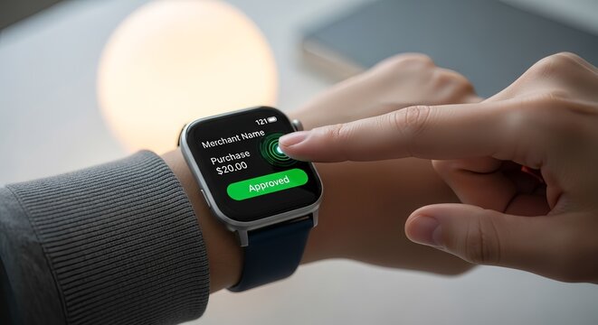 Secure contactless payment approval on a smart watch, showcasing digital finance and mobile technology at work. - Powered by Adobe