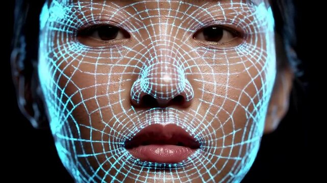 Futuristic Face Scan with Facial Recognition Technology and Grid Overlay Mapping for advanced