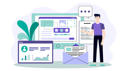 Content Marketer Writing Weekly Email Newsletter Flat Vector Illustration