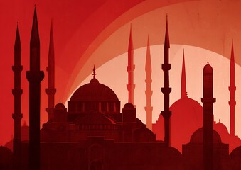 Crimson hues over Istanbul architecture cityscape