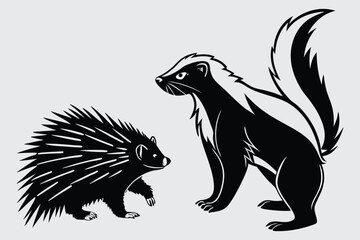 Porcupine and skunk staring each other down image silhouette design vector art and illustration