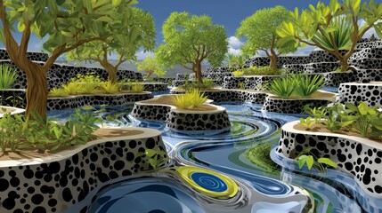 Surreal Landscape Abstract Garden with Winding River and Unique Rock Formations