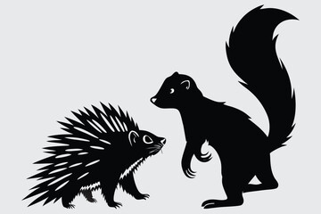 Porcupine and skunk staring each other down image silhouette design vector art and illustration