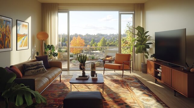 Sunlit living room with mid-century modern furniture, large window showcasing autumnal landscape view, and potted plants adding a touch of nature indoors