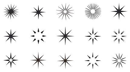 Obraz premium A collection of various starburst and star vector graphics in a simple black and white design, suitable for use as design elements or decorative accents on a white background.